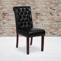 Flash Furniture BT-P-BK-LEA-GG HERCULES Series Black Leather Parsons Chair with Rolled Back, Accent Nail Trim and Walnut Finish 